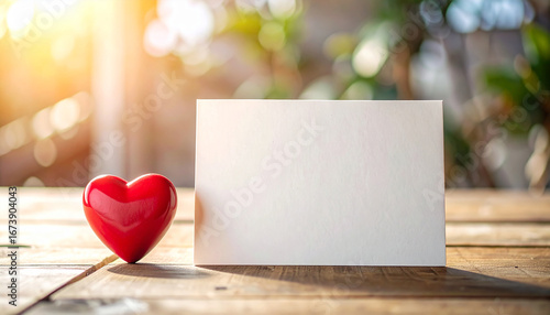 Blank card on wooden table with small decorative ceramic red heart. Valentine's Day or love message