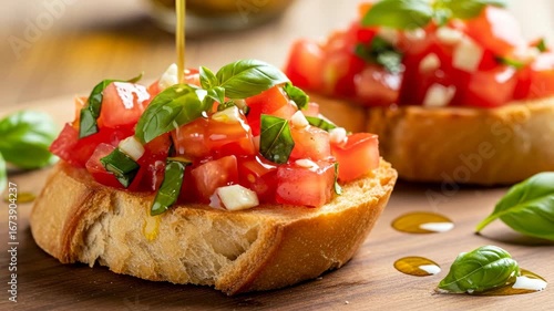 Fresh Bruschetta with Tomatoes and Basil - Close-up view of a delicious bruschetta topped with diced tomatoes, fresh basil, and garlic, drizzled with olive oil.
