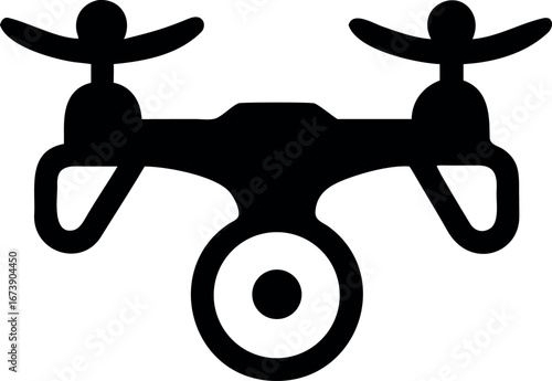 Simple black quadcopter drone icon with a camera for aerial photography. Unmanned aerial vehicle silhouette, a vector symbol of modern flight technology