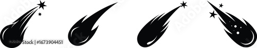 Set of four stylized black comet silhouettes trailing light streaks silhouette