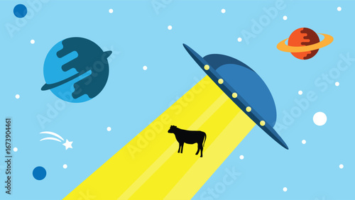 UFO Abducting a Cow into Space Flat Style with Planets. Science fiction and fantasy concept vector art