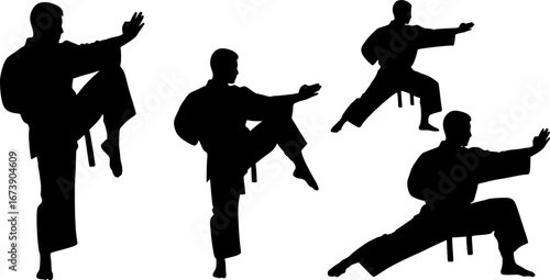 Silhouette depiction of three martial artists practicing moves and stances with focus and precision | editable eps vectors
