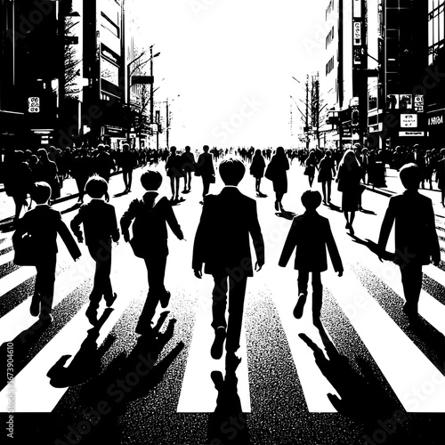 Black and White Vector Silhouette of a City Crosswalk Full of People