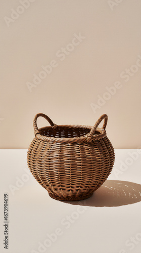 A neatly woven brown wicker basket is placed alone on a cream background, with lifelike texture and soft studio shadows.