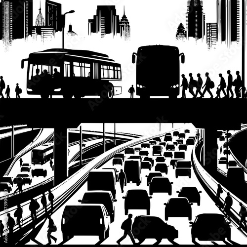Black and White Vector Silhouette of a Busy City Overpass