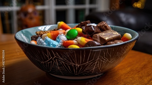 Halloween candy bowl on table