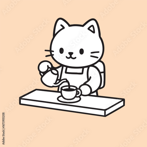 Cute Cartoon Cat Barista Pouring Coffee or Tea Illustration