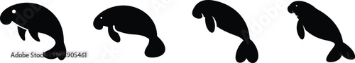 Manatee sea cow silhouettes set marine mammal aquatic animal underwater silhouette
