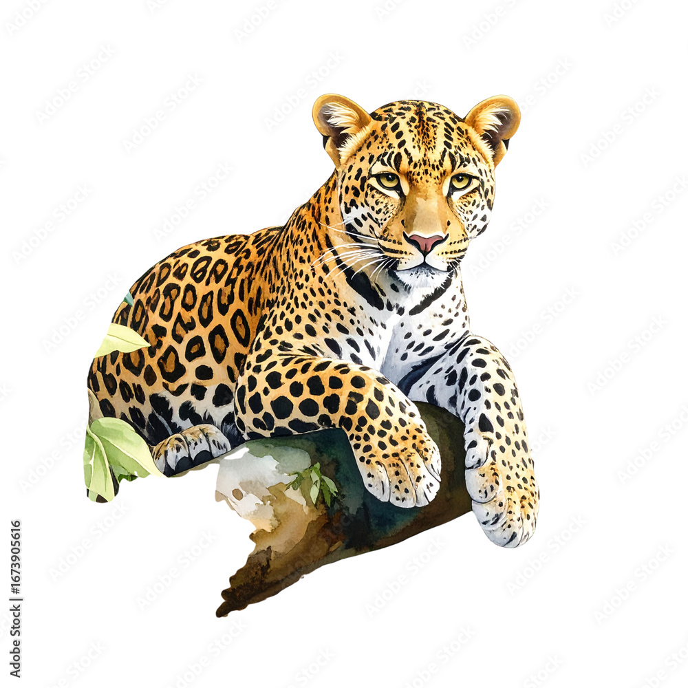 Obraz premium Watercolor Painting of a Leopard in Jungle Setting