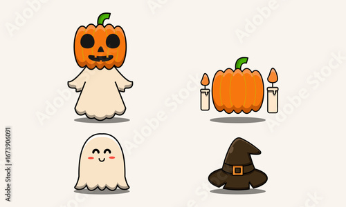 Happy Halloween clip art bundle. Adorable flat design of a jack o lantern, ghost mascot, and sorcerer hat for party invitations