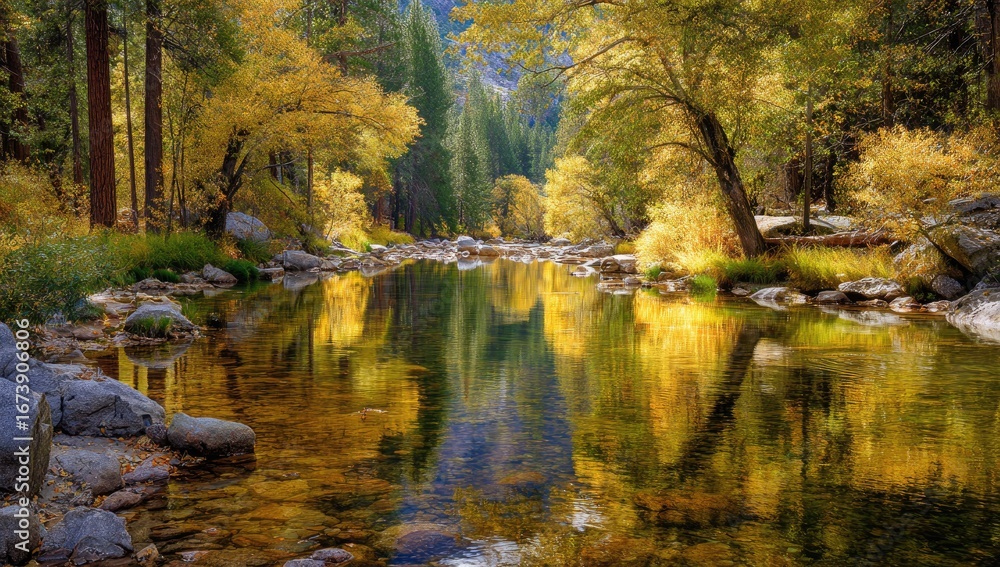 Obraz premium Autumn river reflection, Yosemite, golden trees, calm water, scenic background