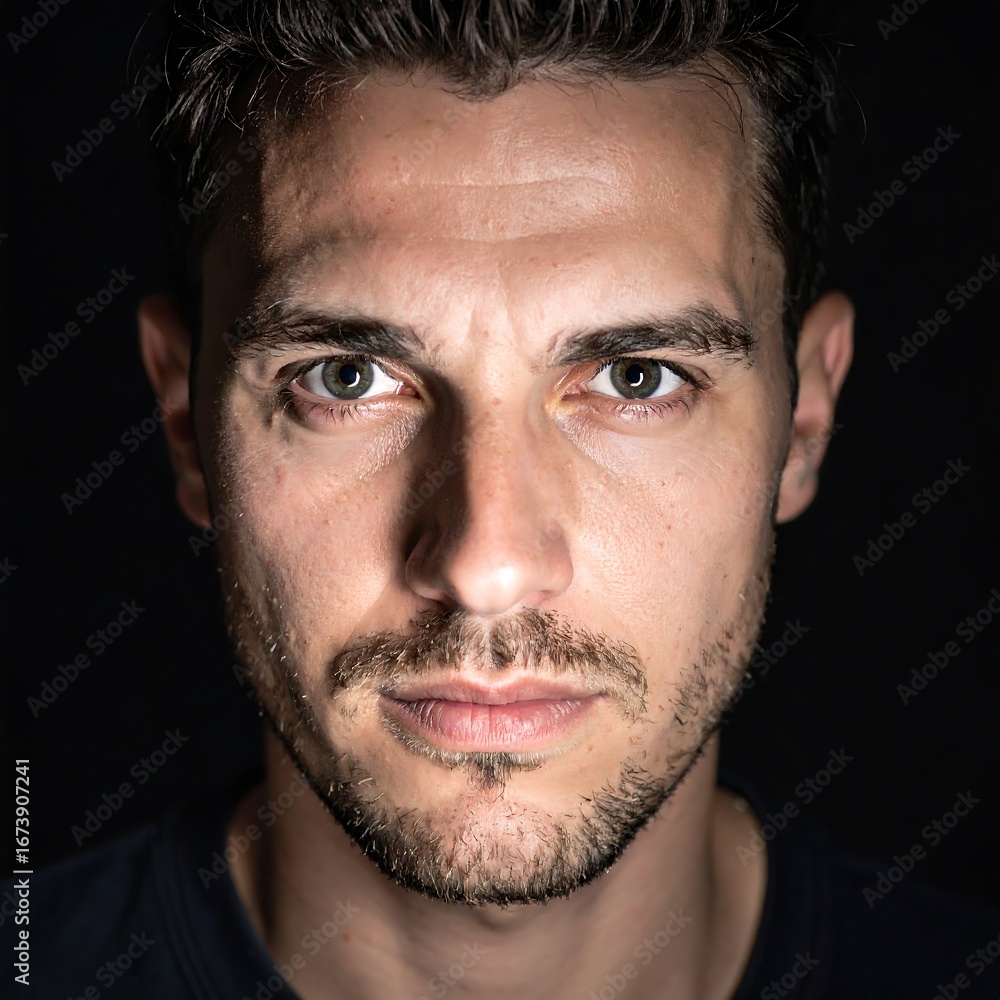 Obraz premium Close-up portrait of a man with a serious expression, set against a dark background, highlighting facial features and a thoughtful gaze.