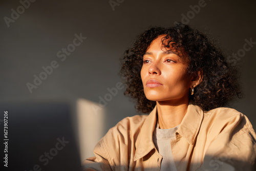 ultrabright minimalist workspace scene featuring focused individual at laptop emphasizing productivity