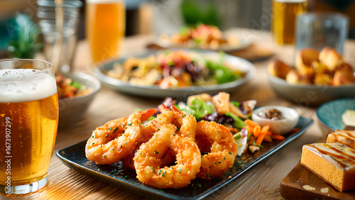 Delicious meal with fried shrimp, salad, beer and other appetizers on a wooden table.