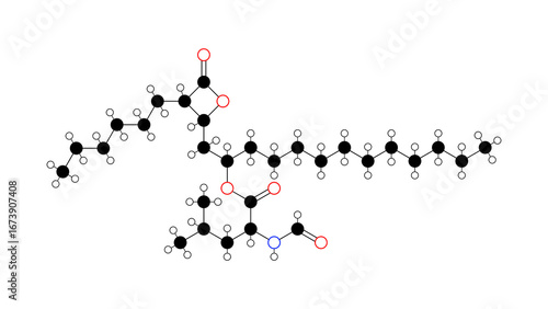 orlistat molecule, structural chemical formula, ball-and-stick model, isolated image lipase inhibitor