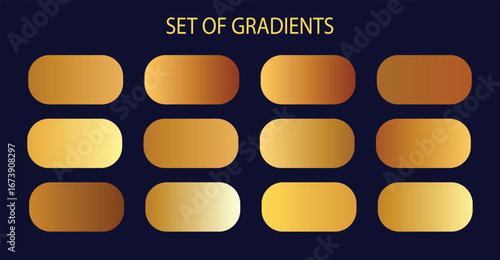 Set of Gradients collection of golden and bronze metallic color swatches for graphic design