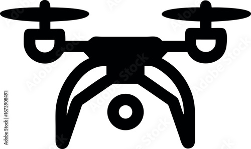 A solid black icon representing a modern quadcopter drone with a mounted camera for aerial imaging and surveillance