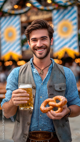 Smiling man at a festival holding beer and pretzel in traditional clothing.