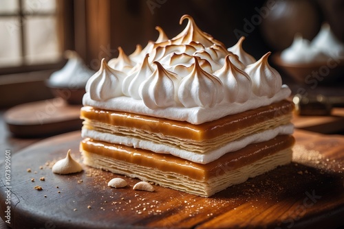 Rogel con Merengue - Argentinian Food classic featuring delicate pastry layers stacked with rich dulce de leche and crowned with fluffy meringue, showcasing Argentina’s dessert artistry and tradition