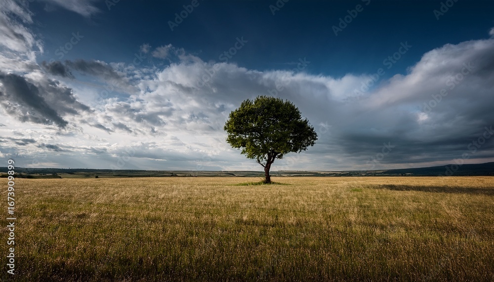 Fototapeta premium a solitary tree stands prominently in the middle of a vast open field under a cloudy sky