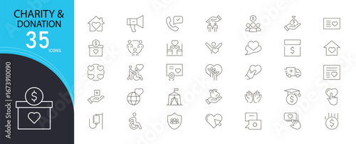 Charity and donation icons set with heart, hand, gift, fund, support, volunteer, help, box, kindness, and giving symbols. Outline style, suitable for nonprofit and social projects.