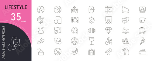 Lifestyle icons set with fashion, travel, food, fitness, leisure, home, hobbies, shopping, wellness, and entertainment symbols. Outline style, perfect for apps, blogs, and lifestyle projects.