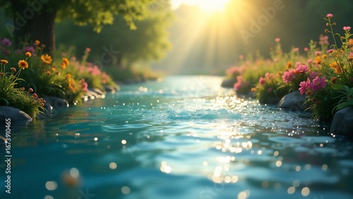 Serene Stream with Sunlit Flowers.