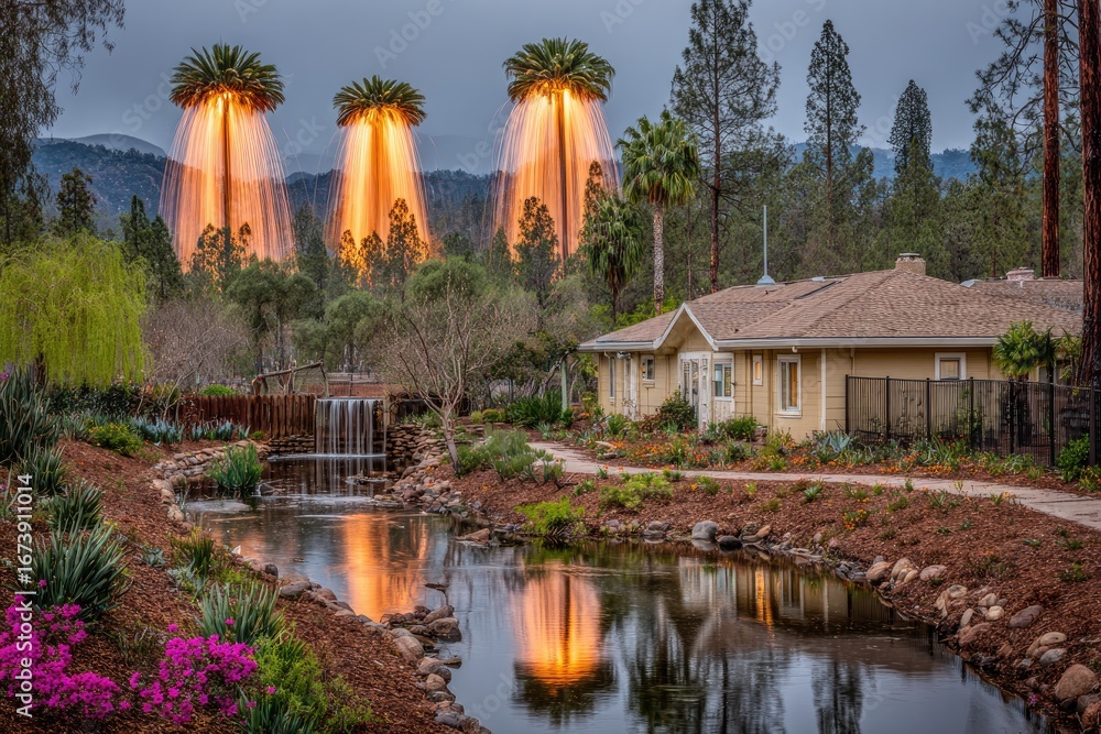 Fototapeta premium Palm trees with light displays over a tranquil garden