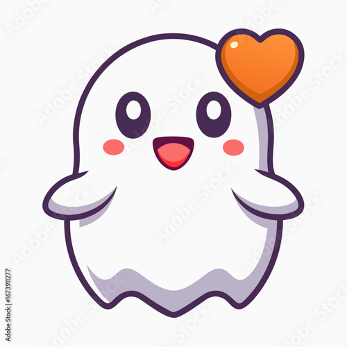 Adorable Cartoon Ghost Character, Happy, Loving, Halloween Theme, Kawaii Style Illustration