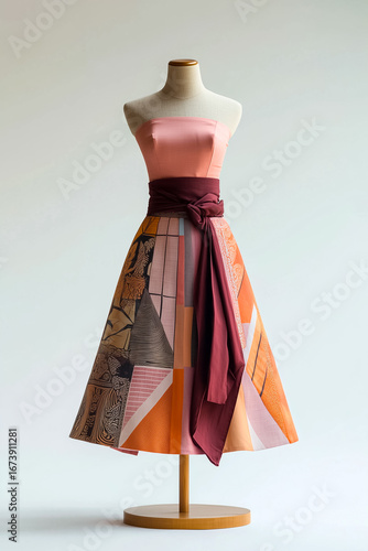 Elegant and colorful dress on mannequin showcasing modern fashion trends in a minimalist setting.