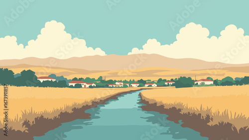 Elk Grove, CA – agricultural fields meeting suburb edge with irrigation canals, palette: field gold, canal teal, stucco beige, cloud white