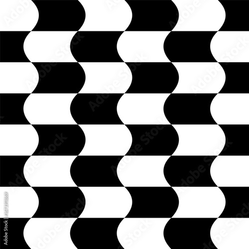 A distorted black and white checkerboard pattern.  Black And White Wave Psychedelic Checked Background