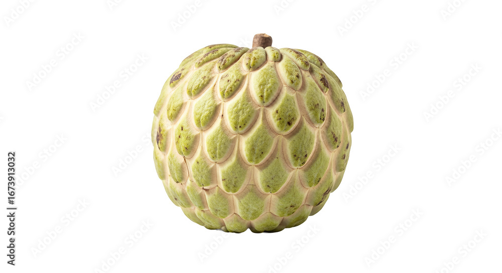 Fototapeta premium Custard apple sits centered showing the fruit's unique textured surface against a solid background.