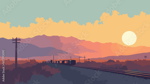 Fontana, CA – railyard with mountain backdrop and sunset glow, palette: rail gray, ember orange, mesa tan, steel