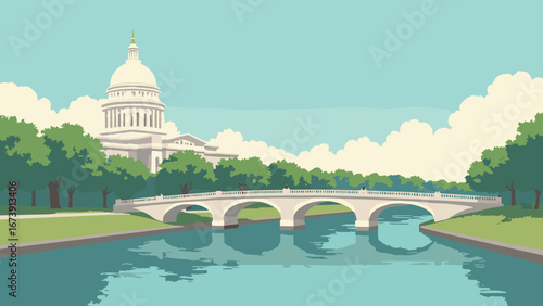 Des Moines, IA – riverwalk and State Capitol dome with pedestrian bridges, palette: capitol white, river teal, plaza gray, lawn green
