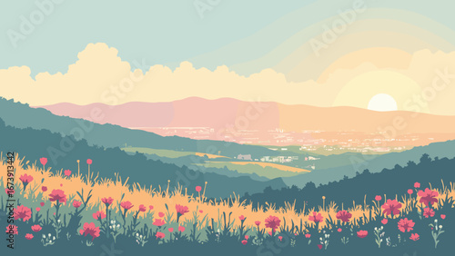 Moreno Valley, CA – suburban ridge with spring wildflowers and city haze, palette: wildflower pink, sage, concrete gray, sunbeam