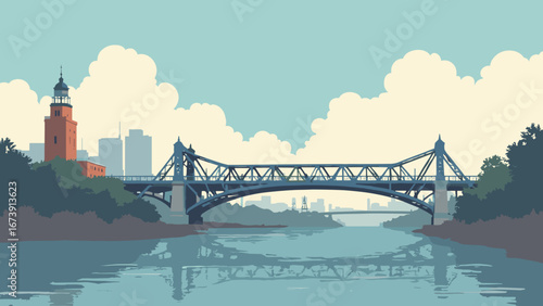 Yonkers, NY – Hudson riverside with Yonkers landmarks and rail trestle, palette: river navy, brick, steel gray, cloud white