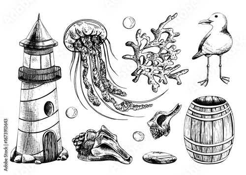 Hand drawn line art illustration of lighthouse, jellyfish, seagull, seashell, barrel and corals in nautical style created with black ink, perfect marine clip art collection for design and decor