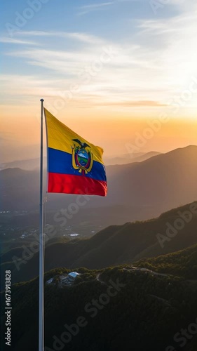 Flag of Ecuador Waving over Mountains at Sunset