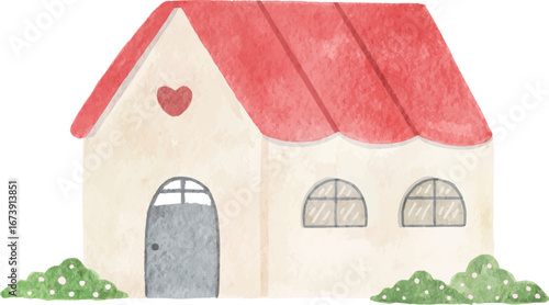watercolor lovely house red roof illustration hand drawn