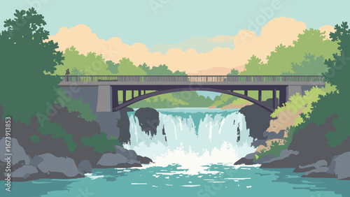 Sioux Falls, SD – Falls Park cascades and arched pedestrian bridges, palette: waterfall teal, granite gray, leaf green, dawn peach