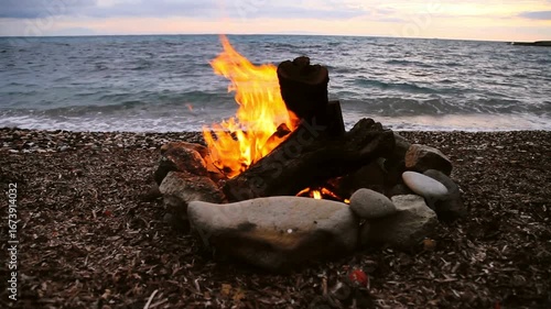 camping in forest by sea sunrise chatting sharing warmth enjoying outdoor adventure nature Illustration Fire sparks rising up fireplace, adventure