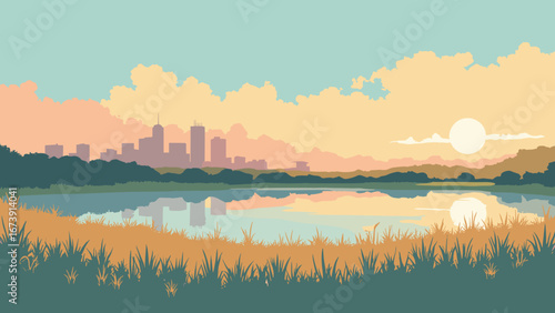 Grand Prairie, TX – lakeside park with prairie grasses and skyline, palette: prairie gold, lake teal, cottonwood gray, sunset coral