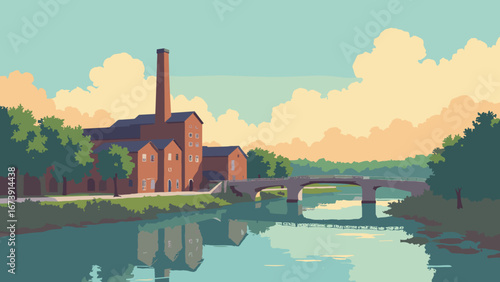 Columbus, GA – Chattahoochee riverfront with mill façades and riverwalk, palette: river brown, mill brick, oak green, dusk amber