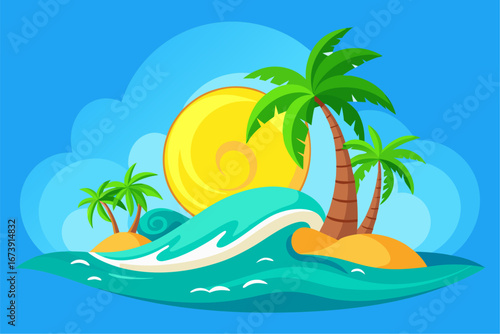 A stunning tropical landscape with palm trees on a sunny beach, offering a perfect summer vacation paradise