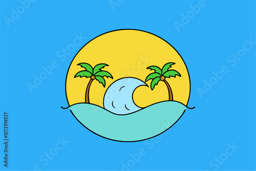 Vector illustration of a tropical island with a palm tree on the beach, summer nature landscape on the sea coast