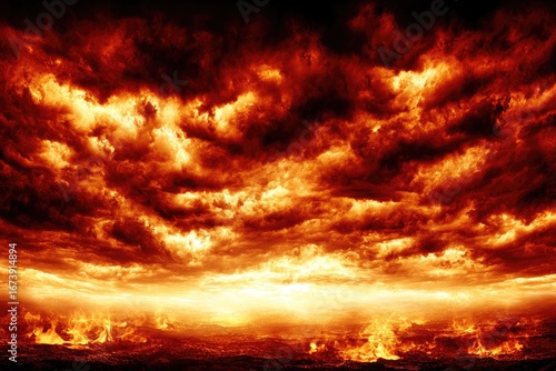 Inferno sky, fiery clouds, burning landscape