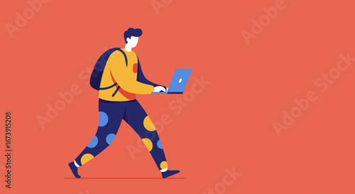Dynamic illustration of a young person walking with a backpack, actively using a laptop. Represents modern remote work, education, and digital lifestyle on the go.