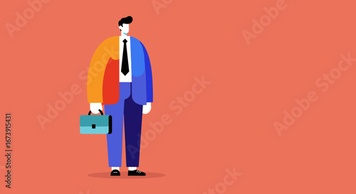 Illustrative man balancing professional work with casual lifestyle, showcasing duality of identity and work-life balance. Ideal for business, career, or personal development concepts.