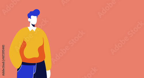 Modern flat illustration of a confident young man in a yellow sweater and blue pants, standing against a coral background with ample copy space. Ideal for business, lifestyle, or design projects.